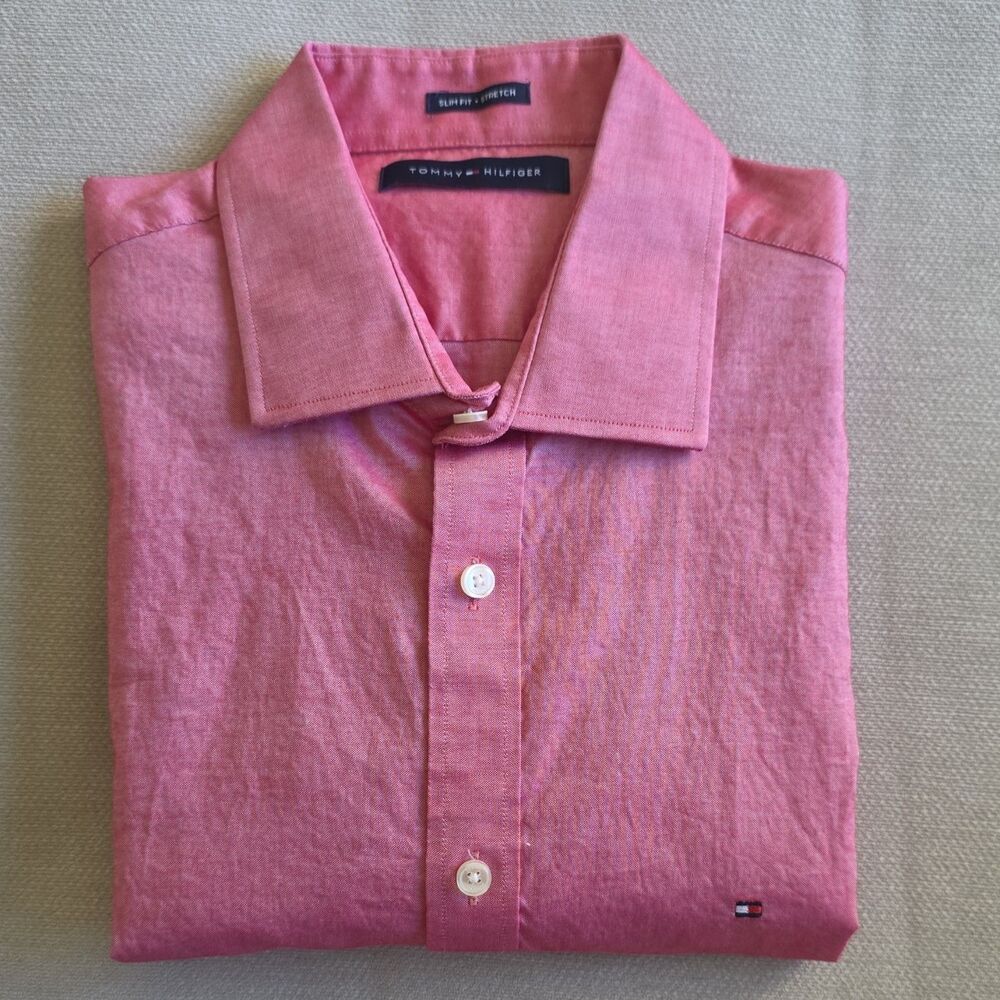 Tommy Hilfiger Slim Fit Stretch Pink Solid Cotton Dress Shirt 16 34/35